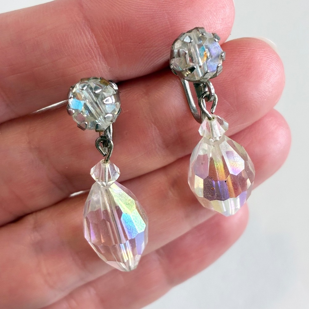Vintage Aurora Borealis Crystal Drop Earrings Iridescent Faceted Screw Back